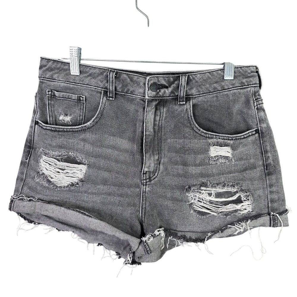 Womens Pac Sun Gray Mom Shorts Distressed Hi Waisted Cut Off Rolled Hem Size 30